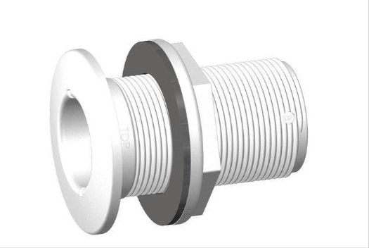 TruDesign thru-hull fitting in white GRP with BSP thread for secure marine skin fitting applications. Suitable for use above or below the waterline on all hull types. Corrosion-free, UV-stable, and made from strong, lightweight composite. Ideal for bilge, waste, and water outlets.
