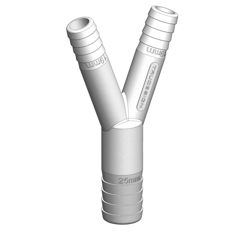 TruDesign Y Piece made from white glass-reinforced polymer (GRP). Designed for splitting or merging marine hose lines in sanitation, bilge, or freshwater systems. UV-stable, lightweight, and resistant to corrosion, fuel, and chemicals. Reliable fitting for any marine application.
