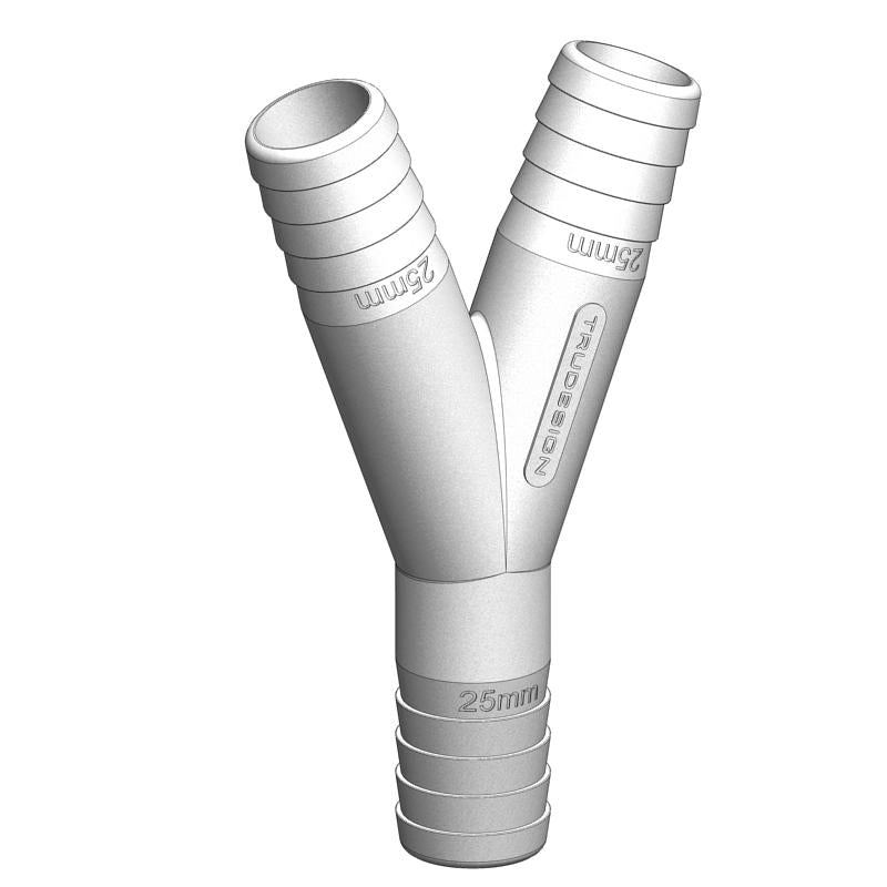 TruDesign Y Piece made from white glass-reinforced polymer (GRP). Designed for splitting or merging marine hose lines in sanitation, bilge, or freshwater systems. UV-stable, lightweight, and resistant to corrosion, fuel, and chemicals. Reliable fitting for any marine application.

