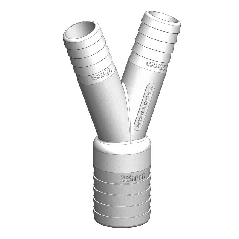 TruDesign Y Piece made from white glass-reinforced polymer (GRP). Designed for splitting or merging marine hose lines in sanitation, bilge, or freshwater systems. UV-stable, lightweight, and resistant to corrosion, fuel, and chemicals. Reliable fitting for any marine application.

