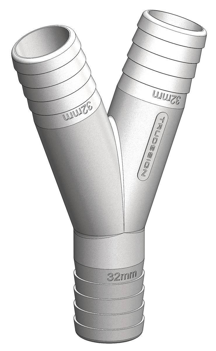 TruDesign Y Piece made from white glass-reinforced polymer (GRP). Designed for splitting or merging marine hose lines in sanitation, bilge, or freshwater systems. UV-stable, lightweight, and resistant to corrosion, fuel, and chemicals. Reliable fitting for any marine application.