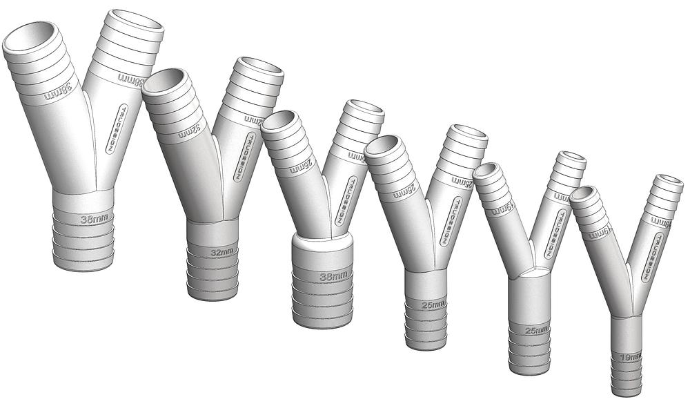 TruDesign Y Piece made from white glass-reinforced polymer (GRP). Designed for splitting or merging marine hose lines in sanitation, bilge, or freshwater systems. UV-stable, lightweight, and resistant to corrosion, fuel, and chemicals. Reliable fitting for any marine application.


