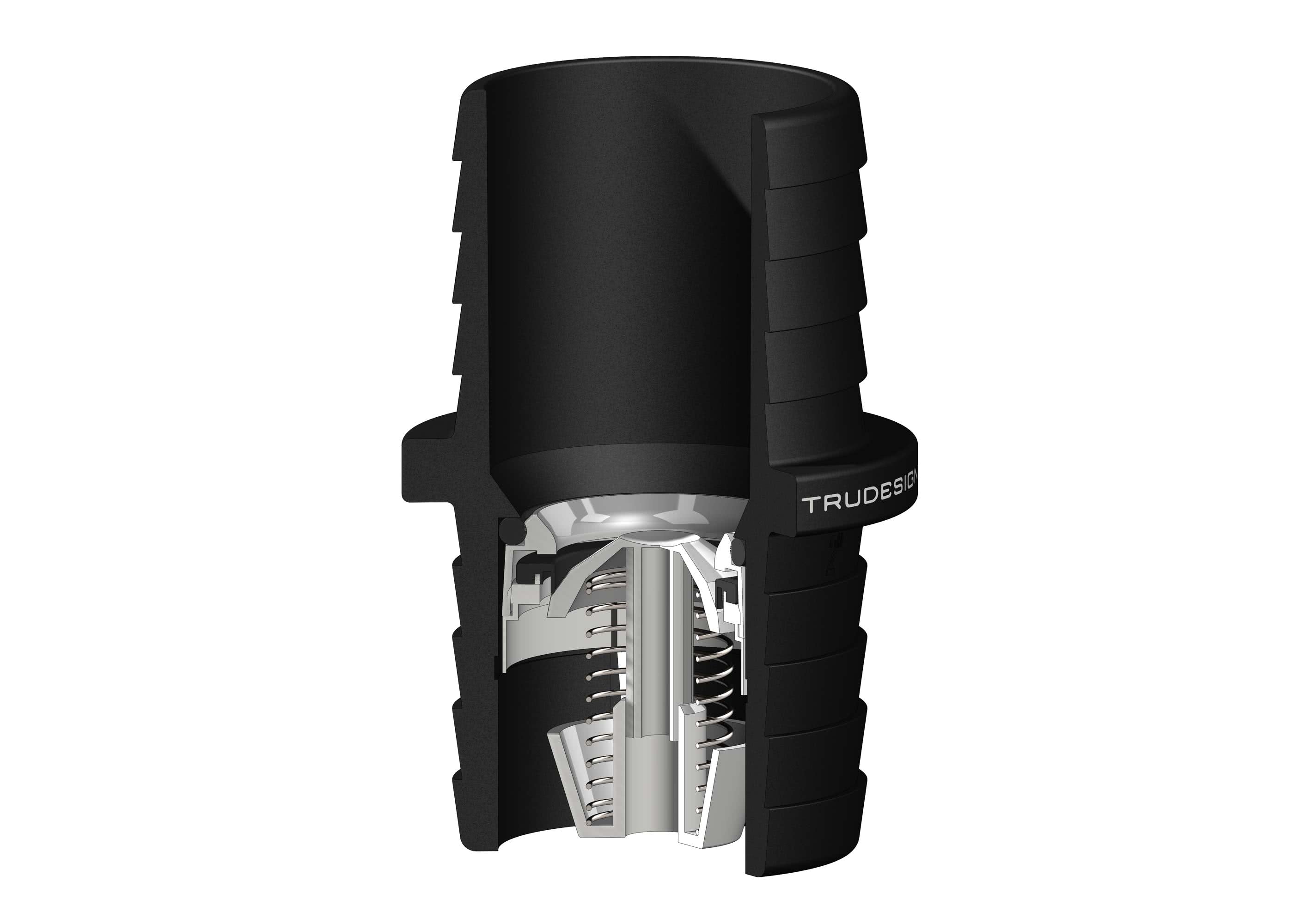 Tru Design Non-Return Valve Tail in black GRP with BSP thread. Designed for preventing backflow in marine water, waste, or bilge systems. Corrosion-resistant, lightweight, and easy to install. Ideal for long-lasting use in saltwater environments. UV-stable and durable.