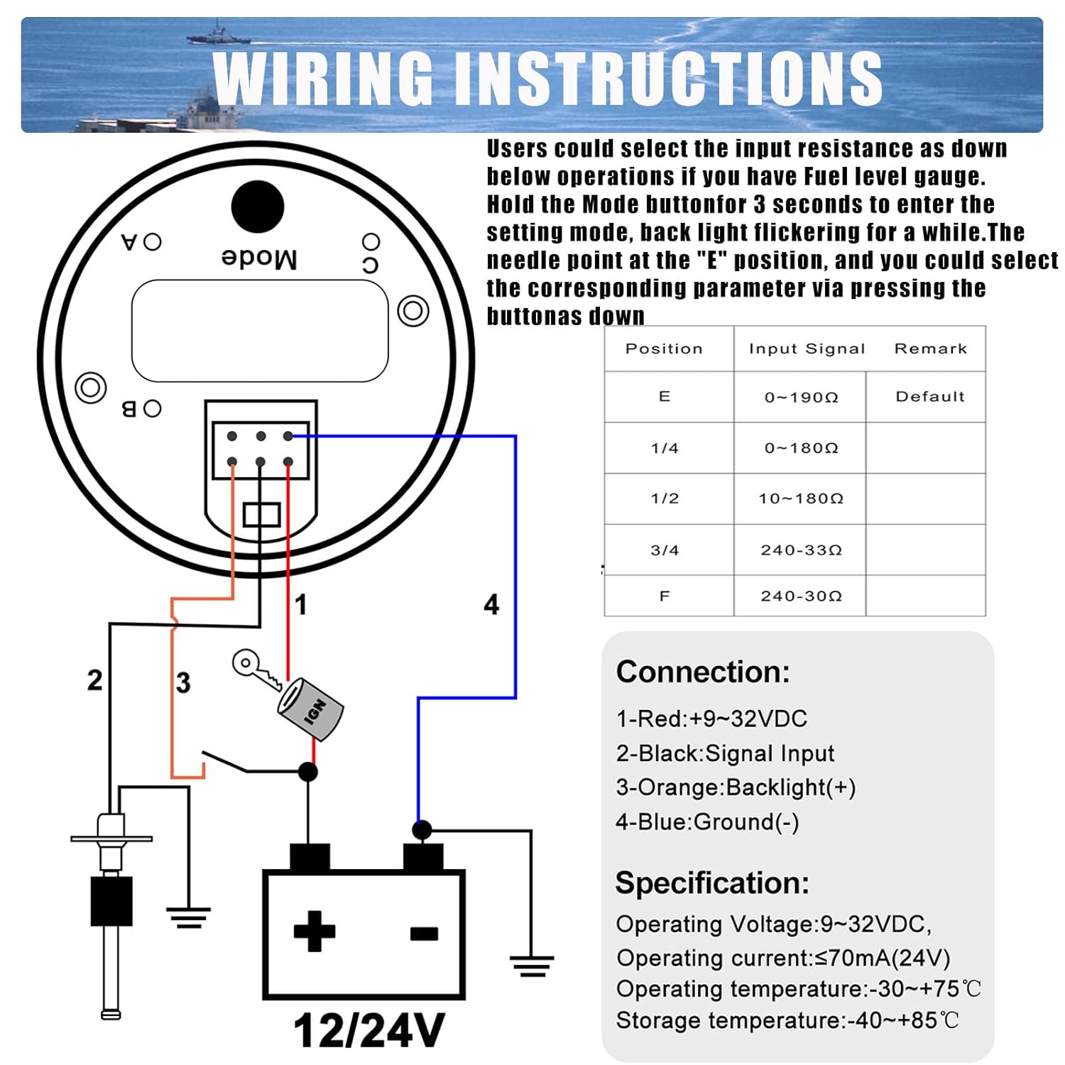 Universal analog fuel level indicator with 52mm cut-out and dual voltage support (12V/24V). Easy-to-read dial for precise fuel monitoring. Compatible with standard fuel senders. Ideal for boats, RVs, cars, and generators. Durable and easy to install.