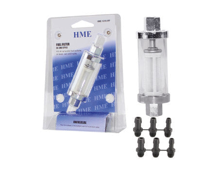 Universal see-through inline fuel filter with barbed fittings for 1/4", 5/16", and 3/8" fuel lines. Clear housing for easy fuel flow monitoring and filter condition checks. Durable construction protects small engines, motorcycles, ATVs, and lawnmowers from debris.