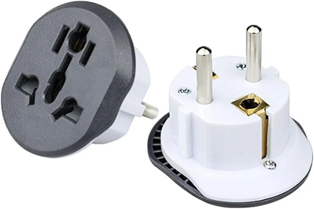 Universal 250V 16A travel power adapter plug for worldwide use. Compatible with most international sockets including EU, UK, US, and AUS. Designed for safe and reliable charging of electronic devices while traveling. Compact design with surge protection and safety shutters.