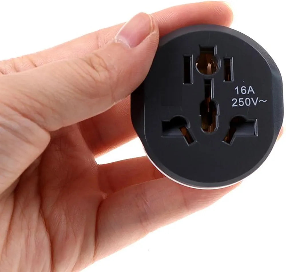 Universal 250V 16A travel power adapter plug for worldwide use. Compatible with most international sockets including EU, UK, US, and AUS. Designed for safe and reliable charging of electronic devices while traveling. Compact design with surge protection and safety shutters.