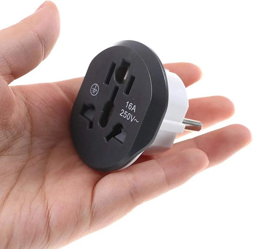 Universal 250V 16A travel power adapter plug for worldwide use. Compatible with most international sockets including EU, UK, US, and AUS. Designed for safe and reliable charging of electronic devices while traveling. Compact design with surge protection and safety shutters.

