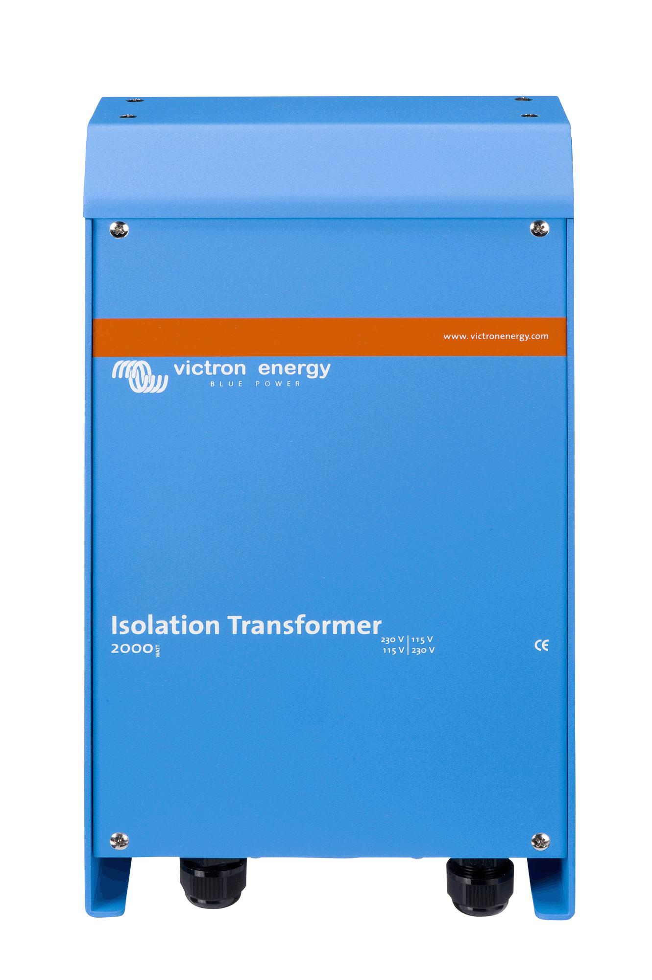 Victron 2000 W isolation transformer with 115/230 V selectable input/output windings, housed in a corrosion-resistant enclosure. Designed for marine and RV systems to prevent galvanic corrosion, enhance shock protection, and maintain stable onboard AC power.

