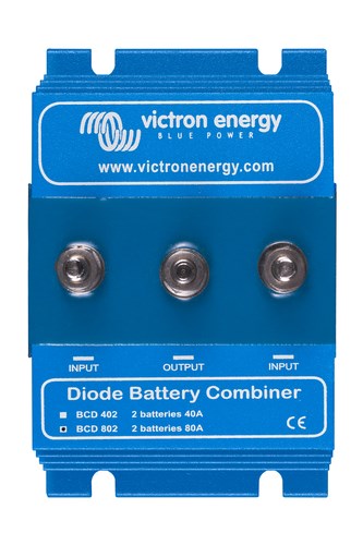 Victron Energy BCD 802 battery combiner diode for 80A dual-battery systems, used to safely connect two batteries to one charger without cross-discharge. Compact and robust, ideal for marine, RV, and solar applications where battery isolation is critical.