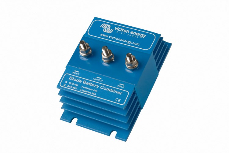 Victron Energy BCD 802 battery combiner diode for 80A dual-battery systems, used to safely connect two batteries to one charger without cross-discharge. Compact and robust, ideal for marine, RV, and solar applications where battery isolation is critical.