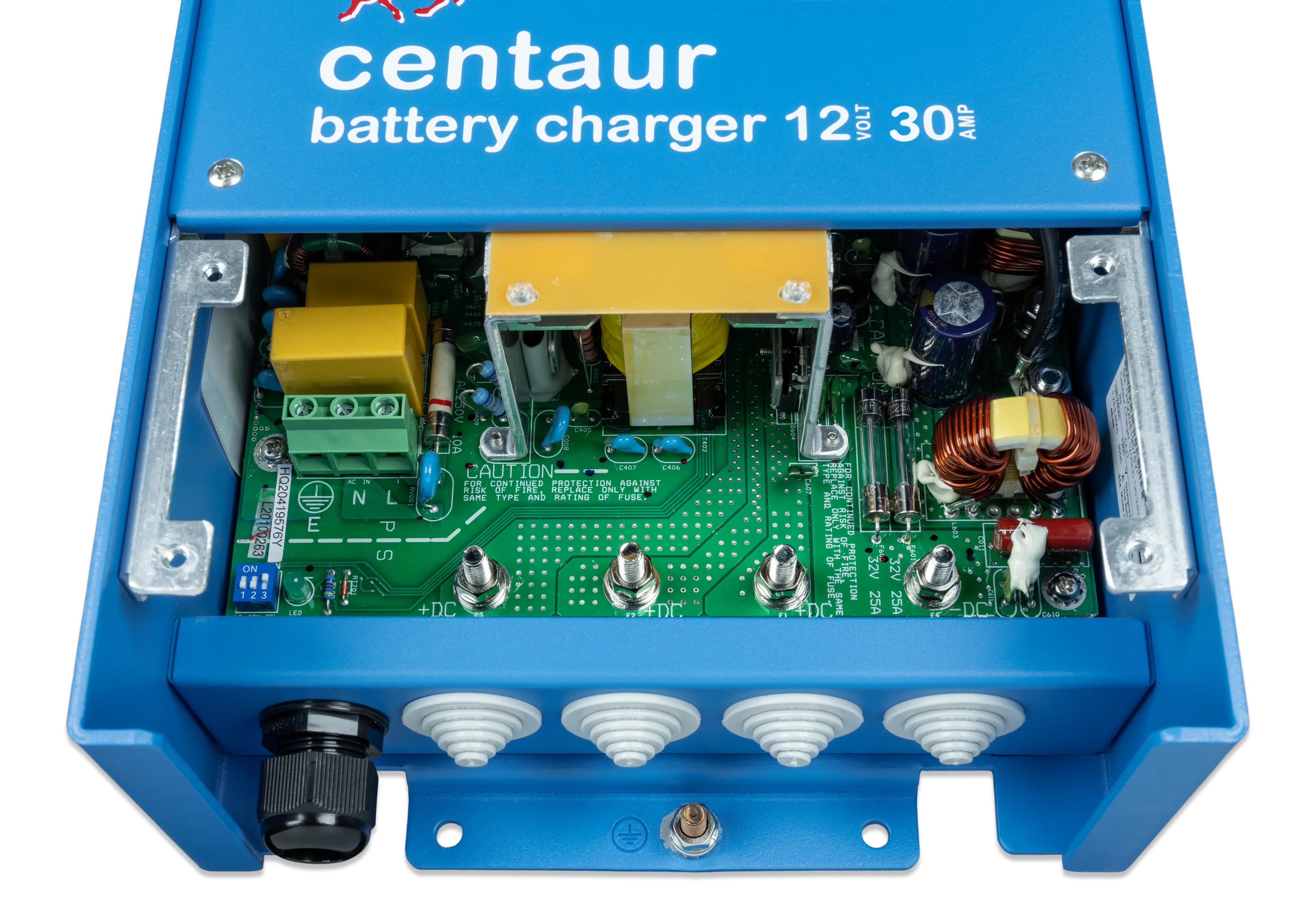 Victron Energy Centaur 12V 30A battery charger with durable blue aluminum casing, fan cooling, and multiple output terminals. Supports universal 120–240V AC input and adaptive multi-stage charging, ideal for marine, RV, and off-grid battery charging applications.
