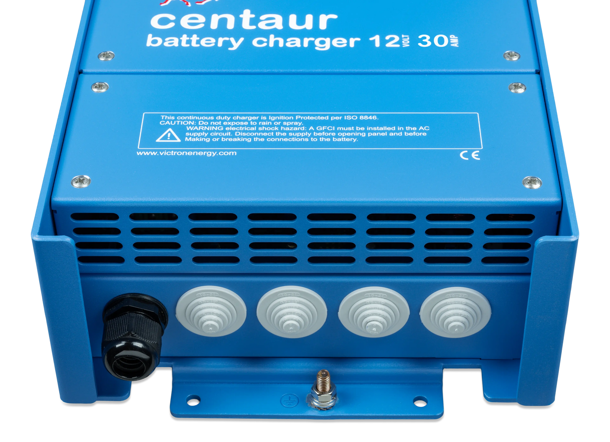 Victron Energy Centaur 12V 30A battery charger with durable blue aluminum casing, fan cooling, and multiple output terminals. Supports universal 120–240V AC input and adaptive multi-stage charging, ideal for marine, RV, and off-grid battery charging applications.