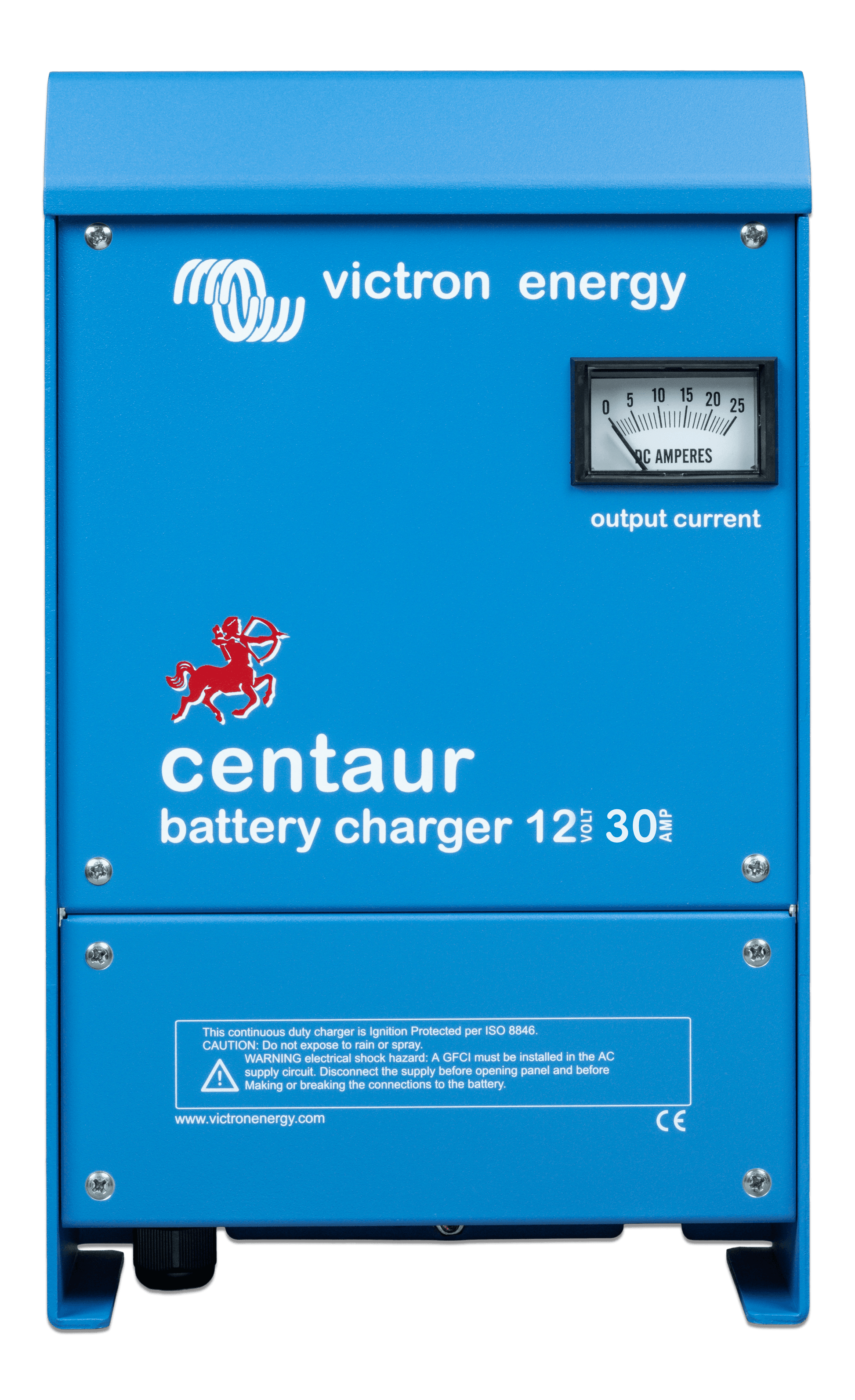 Victron Energy Centaur 12V 30A battery charger with durable blue aluminum casing, fan cooling, and multiple output terminals. Supports universal 120–240V AC input and adaptive multi-stage charging, ideal for marine, RV, and off-grid battery charging applications.