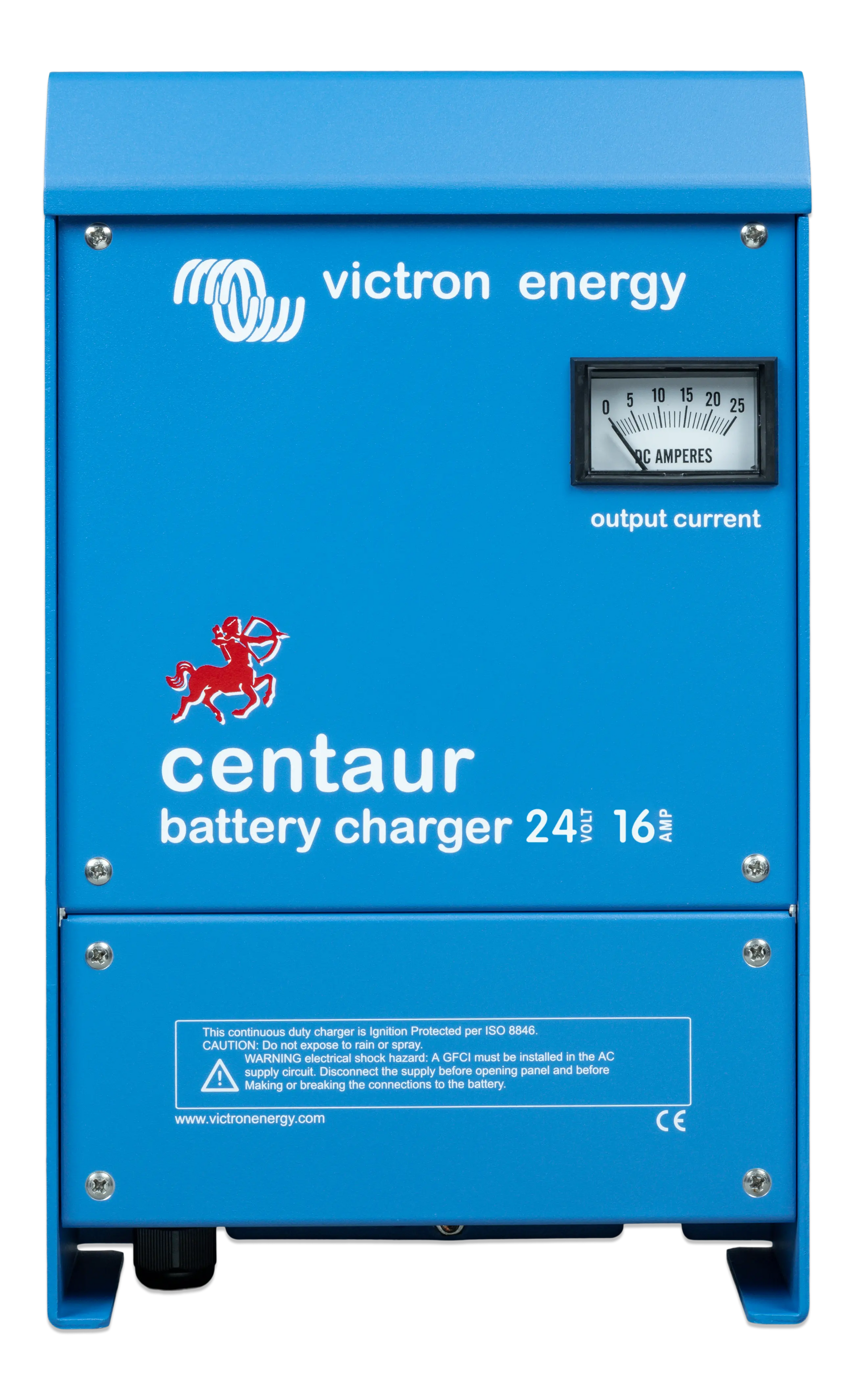 Victron Energy Centaur 12 V 16 A battery charger with fan cooling, rugged blue aluminum casing, and 3-output capability. Accepts 120–240 V AC input for global use, offering adaptive charging for marine, RV, and off-grid battery systems requiring compact, reliable performance.
