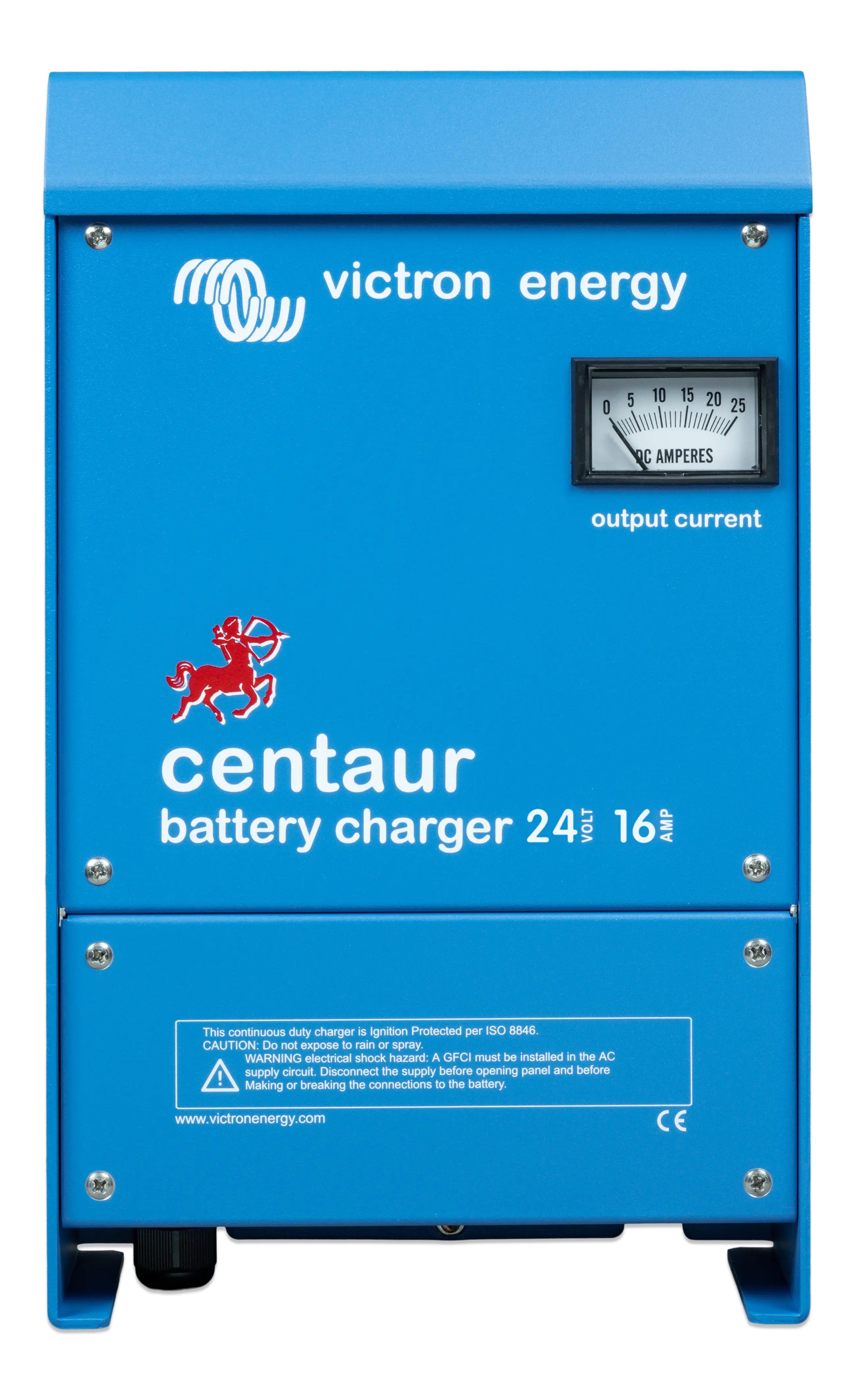 Victron Energy Centaur 12 V 16 A battery charger with fan cooling, rugged blue aluminum casing, and 3-output capability. Accepts 120–240 V AC input for global use, offering adaptive charging for marine, RV, and off-grid battery systems requiring compact, reliable performance.
