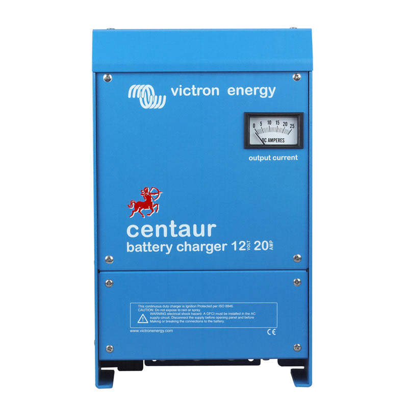 Victron Energy Centaur battery charger with 12/24 V selectable charging and 120–240 V AC input. Compact unit featuring LED charge status indicators, built‑in cooling fan, and rugged enclosure—perfect for reliable charging in marine, recreational, and off‑grid systems.

