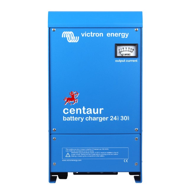 Victron Energy Centaur 24V 30A battery charger with durable blue aluminum casing, fan cooling, and multiple output terminals. Supports universal 120–240V AC input and adaptive multi-stage charging, ideal for marine, RV, and off-grid battery systems requiring efficient and reliable charging.

