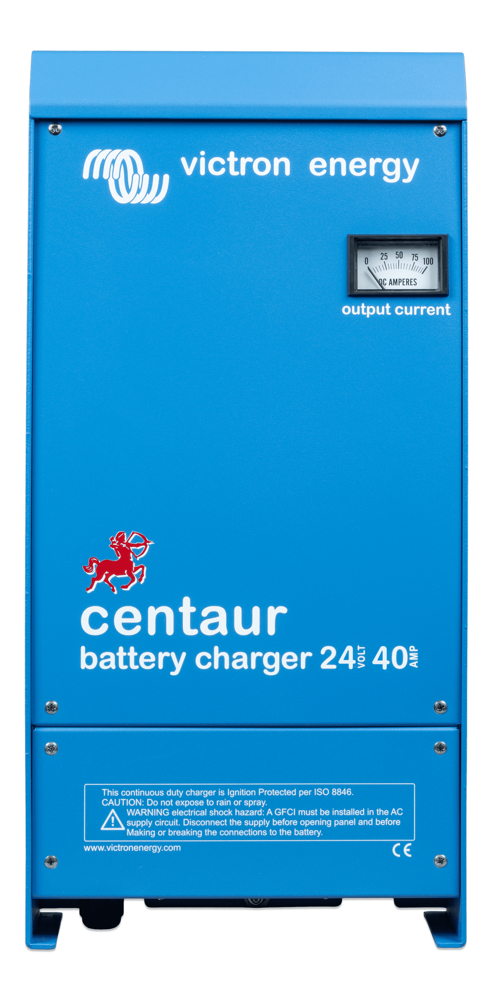 Victron Energy Centaur 24V 40A battery charger with durable blue aluminum casing, 3-output terminals, and fan cooling. Supports 120–240V AC input and delivers efficient, adaptive multi-stage charging ideal for boats, RVs, and off-grid power systems.