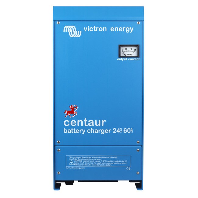 Victron Energy Centaur 24V 60A battery charger with robust blue aluminum casing, fan cooling, and 3-output terminals. Supports universal 120–240V AC input and provides adaptive multi-stage charging for marine, RV, and off-grid power systems requiring high-current battery charging.