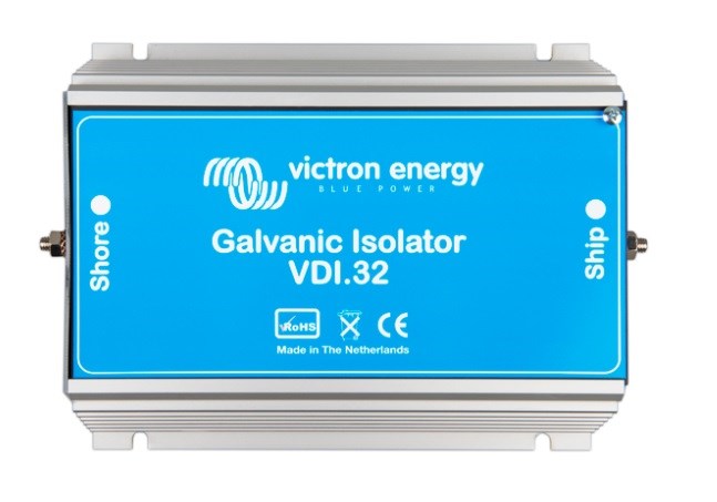 Victron VDI-32 A galvanic isolator for marine AC systems, rated at 32 amps. Designed to prevent galvanic corrosion by blocking stray DC currents from shore power connections, while maintaining AC safety grounding. Ideal for smaller boats, yachts, and marine installations.