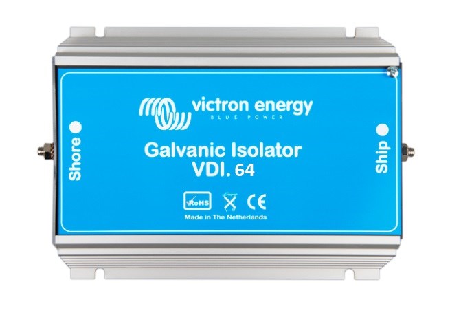 Victron Energy VDI-64 A galvanic isolator rated for 64 amps, designed to prevent galvanic corrosion in marine AC electrical systems. Blocks harmful DC currents from shore power connections while maintaining AC safety ground integrity. Compact, rugged, and ideal for boats and yachts.

