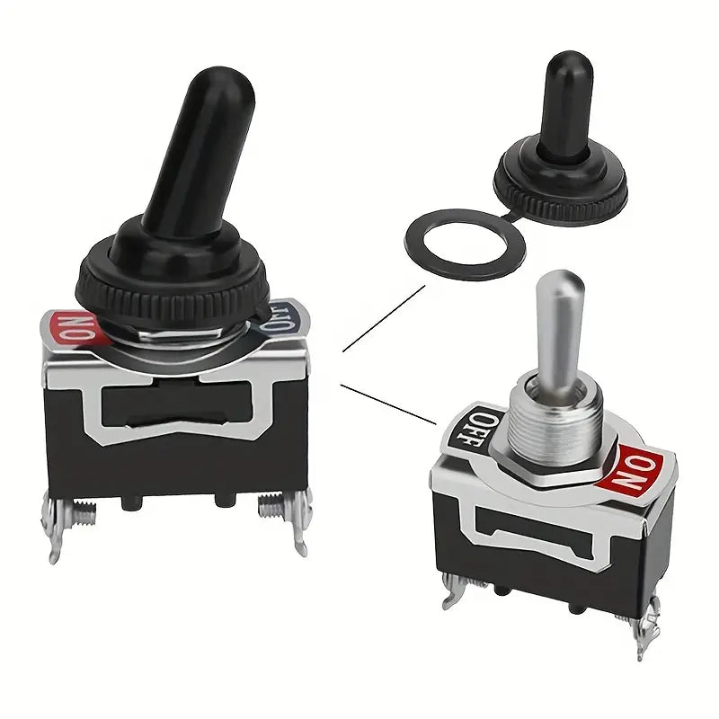Waterproof rocker switch compatible with 12V and 24V systems, suitable for marine, automotive, and RV applications. Features LED illumination, weather-resistant housing, and a secure toggle design for reliable operation in wet or dusty environments.