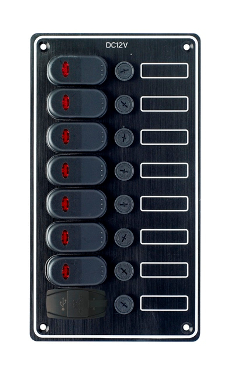 Waterproof Switch Panel with USB Charger 10167-BKU – multi-functional panel with sealed switches and built-in USB charging ports. Designed for marine and outdoor use, ensuring safe power access in harsh environments. Available at Rimal Marine.


