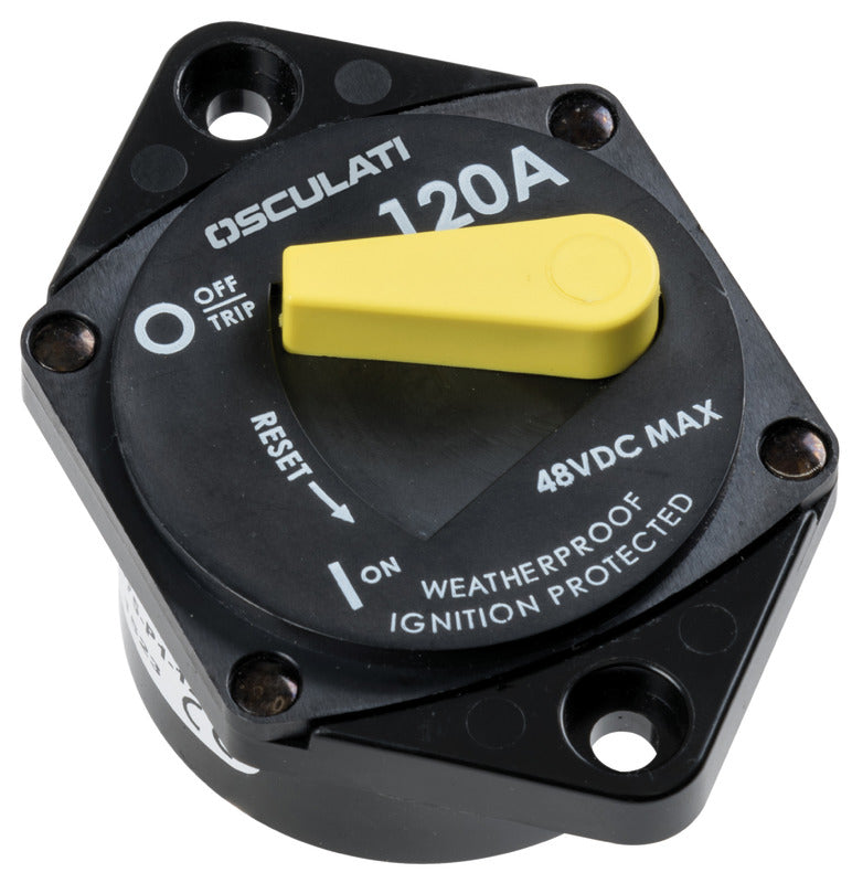 Heavy-duty watertight panel mount circuit breaker with 50A to 200A current rating. Designed for marine, automotive, and harsh environment applications. Provides reliable overcurrent protection with sealed manual reset button. Available at Rimal Marine.