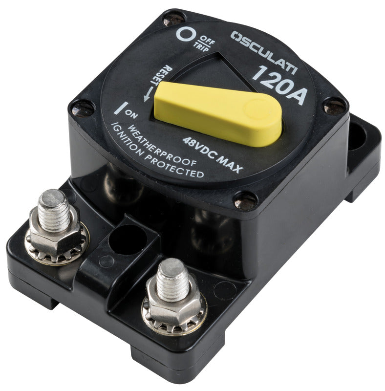 Heavy-duty waterproof surface mount circuit breaker with manual reset, rated 50A–200A. Suitable for marine and automotive use, offering durable overcurrent protection in harsh environments. Compact, corrosion-resistant design. Available at Rimal Marine.