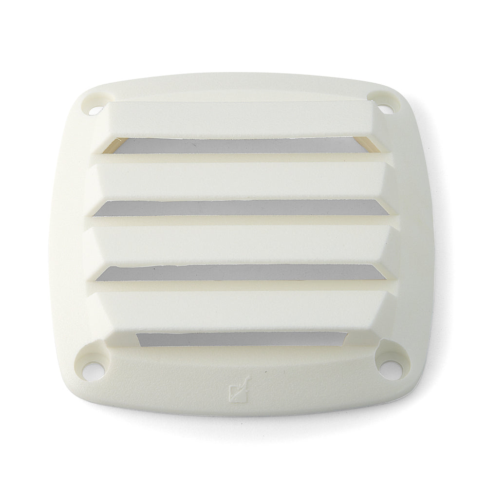 White louvered air vent cover for marine or RV use – UV-resistant plastic grille designed to enhance airflow and ventilation while blocking debris and moisture from entering.