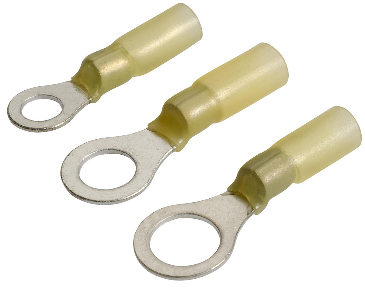 Yellow adhesive heatshrink ring terminals designed for durable and waterproof wire terminations. Ideal for marine, automotive, and industrial applications, offering strong corrosion resistance and secure crimping. Heat-activated adhesive ensures a tight seal. Available from Rimal Marine.