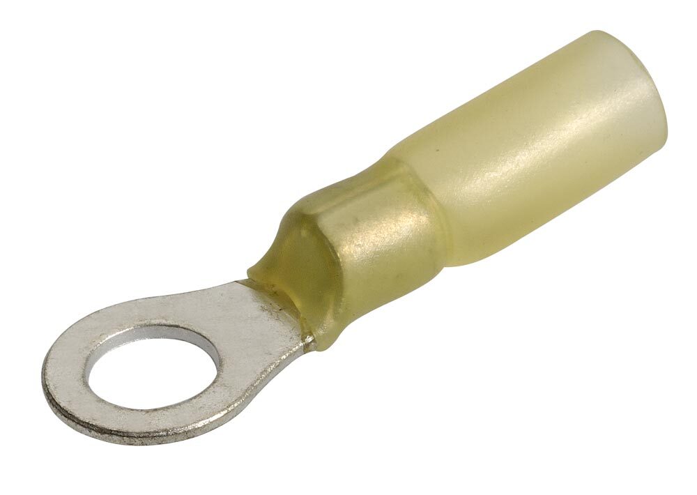 Yellow adhesive heatshrink ring terminals designed for durable and waterproof wire terminations. Ideal for marine, automotive, and industrial applications, offering strong corrosion resistance and secure crimping. Heat-activated adhesive ensures a tight seal. Available from Rimal Marine.