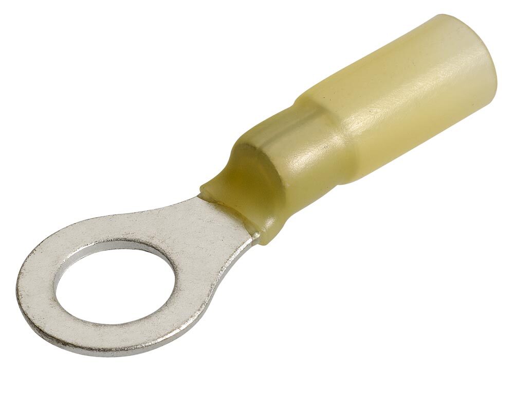 Yellow adhesive heatshrink ring terminals designed for durable and waterproof wire terminations. Ideal for marine, automotive, and industrial applications, offering strong corrosion resistance and secure crimping. Heat-activated adhesive ensures a tight seal. Available from Rimal Marine.

