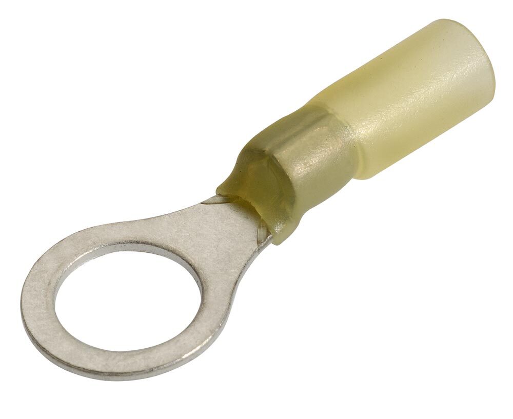 Yellow adhesive heatshrink ring terminals designed for durable and waterproof wire terminations. Ideal for marine, automotive, and industrial applications, offering strong corrosion resistance and secure crimping. Heat-activated adhesive ensures a tight seal. Available from Rimal Marine.

