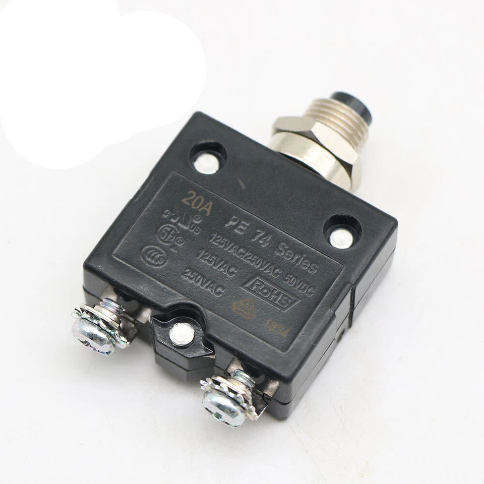ZV-CB20 ZeeVolt Thermal Circuit Breaker Manual Reset Overload Protector 5–40A, 125-250V AC, 50V DC, black housing and button, bended pin terminals, 2-pole, LED compatible 110V / 220V. Push-button reset protects circuits from overloads. Ideal for automotive, marine, RV, industrial systems. Available in Rimal Marine UAE.