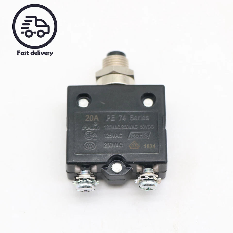ZV-CB20 ZeeVolt Thermal Circuit Breaker Manual Reset Overload Protector 5–40A, 125-250V AC, 50V DC, black housing and button, bended pin terminals, 2-pole, LED compatible 110V / 220V. Push-button reset protects circuits from overloads. Ideal for automotive, marine, RV, industrial systems. Available in Rimal Marine UAE.
