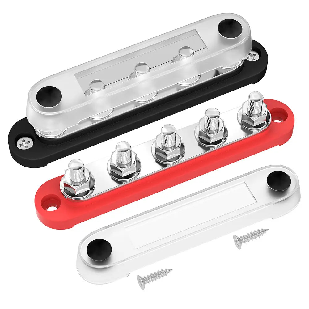ZeeVolt ZV14203 150A 48VDC busbar with 5×M8 stainless steel studs, copper plates, round corner base, and protective cover for marine, automotive, RV, truck, and solar power distribution. Corrosion-resistant and compact. Available in Rimal Marine.