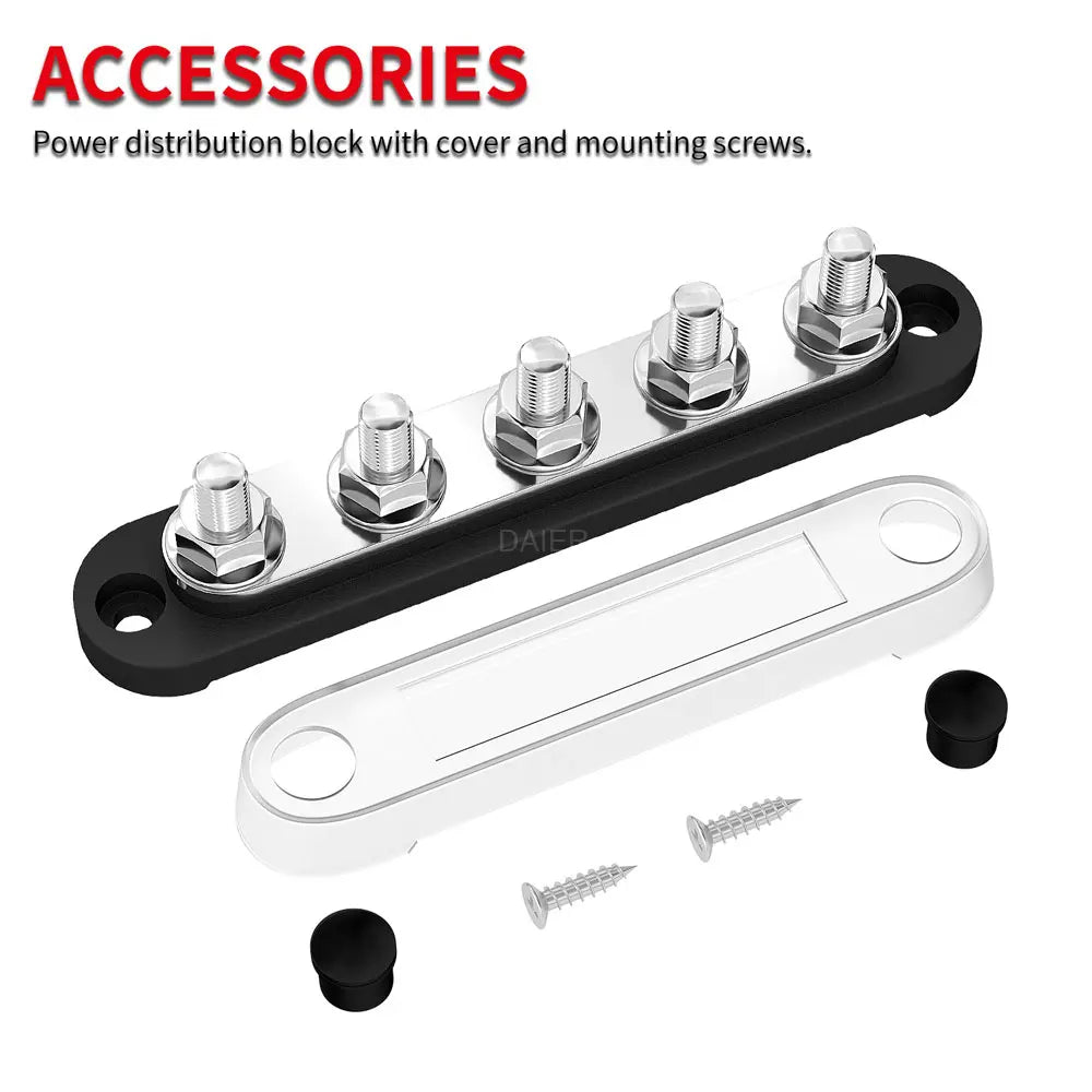 ZeeVolt ZV14203 150A 48VDC busbar with 5×M8 stainless steel studs, copper plates, round corner base, and protective cover for marine, automotive, RV, truck, and solar power distribution. Corrosion-resistant and compact. Available in Rimal Marine.
