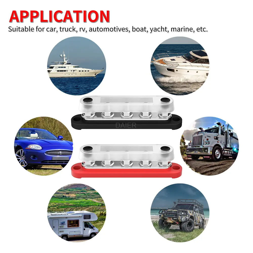 ZeeVolt ZV14203 150A 48VDC busbar with 5×M8 stainless steel studs, copper plates, round corner base, and protective cover for marine, automotive, RV, truck, and solar power distribution. Corrosion-resistant and compact. Available in Rimal Marine.
