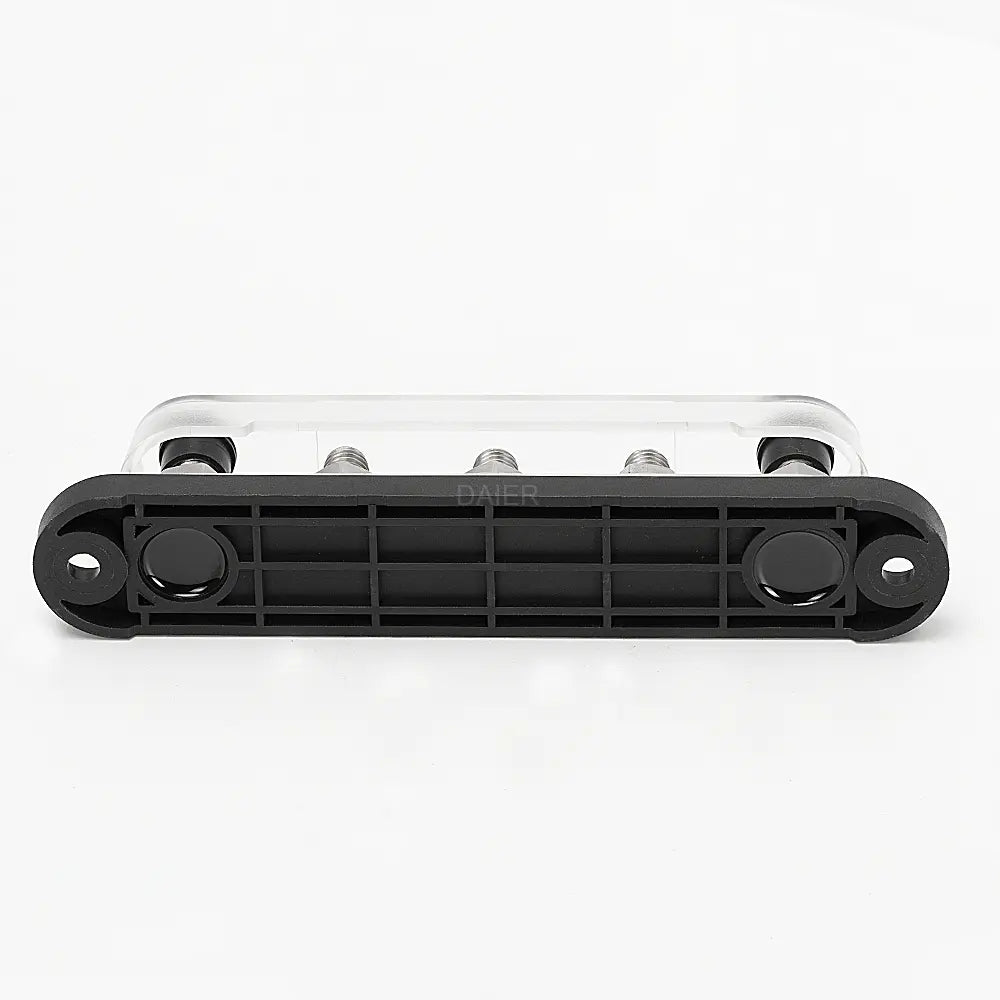 ZeeVolt ZV14203 150A 48VDC busbar with 5×M8 stainless steel studs, copper plates, round corner base, and protective cover for marine, automotive, RV, truck, and solar power distribution. Corrosion-resistant and compact. Available in Rimal Marine.