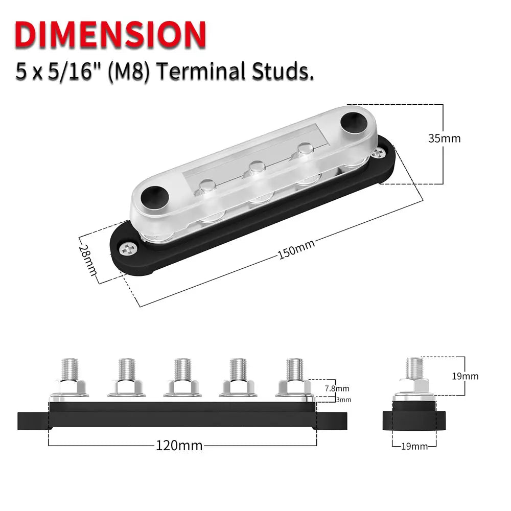 ZeeVolt ZV14203 150A 48VDC busbar with 5×M8 stainless steel studs, copper plates, round corner base, and protective cover for marine, automotive, RV, truck, and solar power distribution. Corrosion-resistant and compact. Available in Rimal Marine.