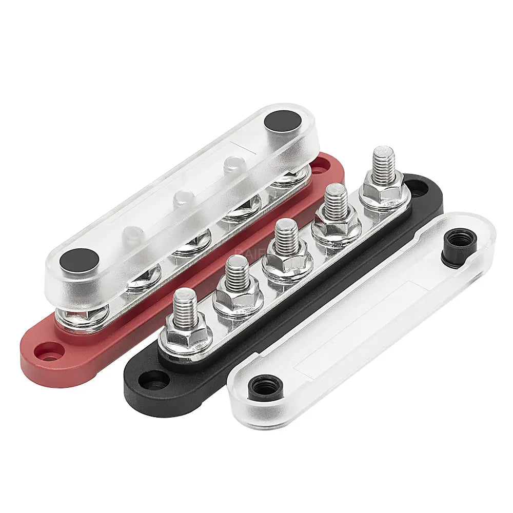 ZeeVolt ZV14203 150A 48VDC busbar with 5×M8 stainless steel studs, copper plates, round corner base, and protective cover for marine, automotive, RV, truck, and solar power distribution. Corrosion-resistant and compact. Available in Rimal Marine.