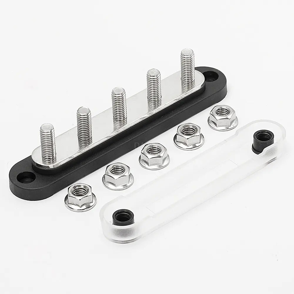 ZeeVolt ZV14203 150A 48VDC busbar with 5×M8 stainless steel studs, copper plates, round corner base, and protective cover for marine, automotive, RV, truck, and solar power distribution. Corrosion-resistant and compact. Available in Rimal Marine.