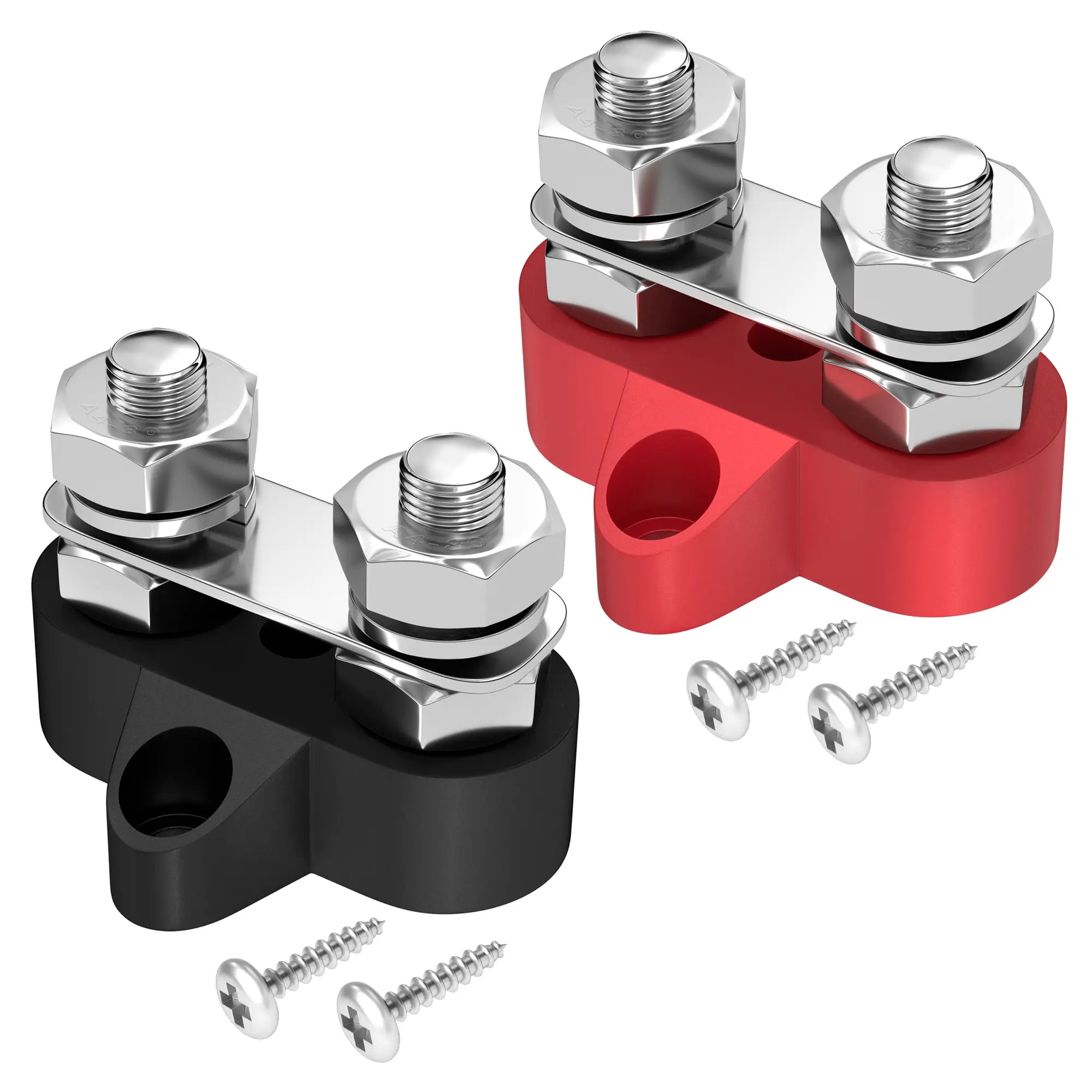 ZeeVolt ZV14400-M10 80A Dual Stud Power Distribution Terminal Block with 2 × M10 stainless steel studs. Designed for marine, automotive, and RV power distribution. Nickel-plated brass plate and flame-retardant nylon base ensure durability and conductivity. Available in Rimal Marine.