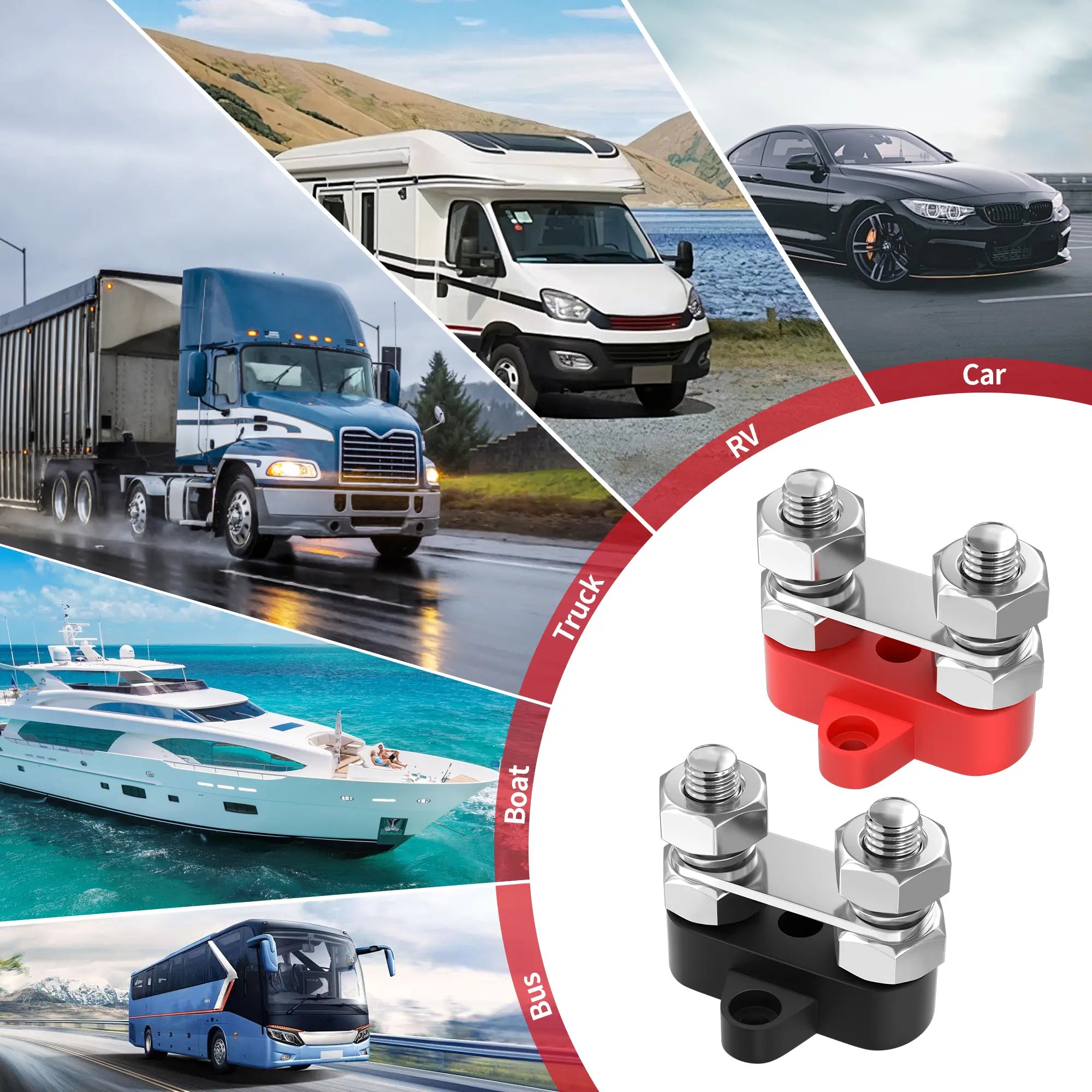 ZeeVolt ZV14400-M10 80A Dual Stud Power Distribution Terminal Block with 2 × M10 stainless steel studs. Designed for marine, automotive, and RV power distribution. Nickel-plated brass plate and flame-retardant nylon base ensure durability and conductivity. Available in Rimal Marine.