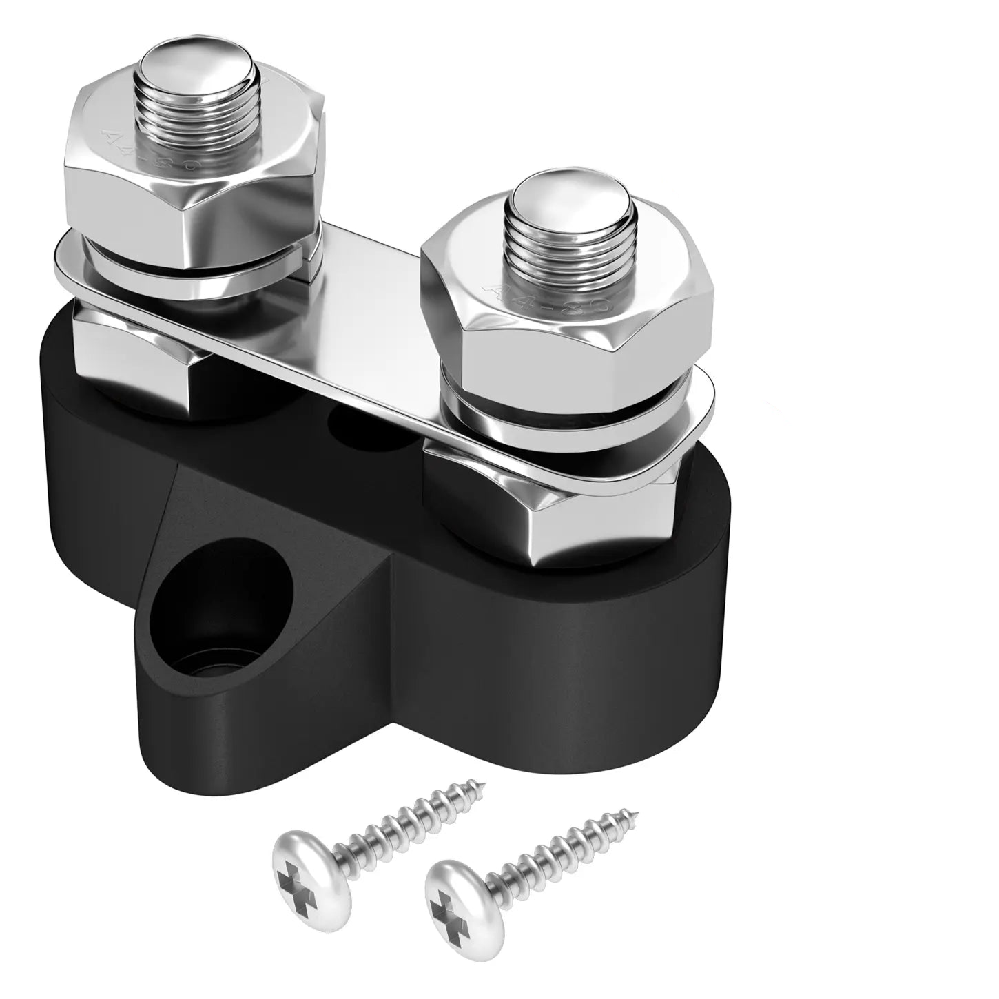 ZeeVolt ZV14400-M10 80A Dual Stud Power Distribution Terminal Block with 2 × M10 stainless steel studs. Designed for marine, automotive, and RV power distribution. Nickel-plated brass plate and flame-retardant nylon base ensure durability and conductivity. Available in Rimal Marine.