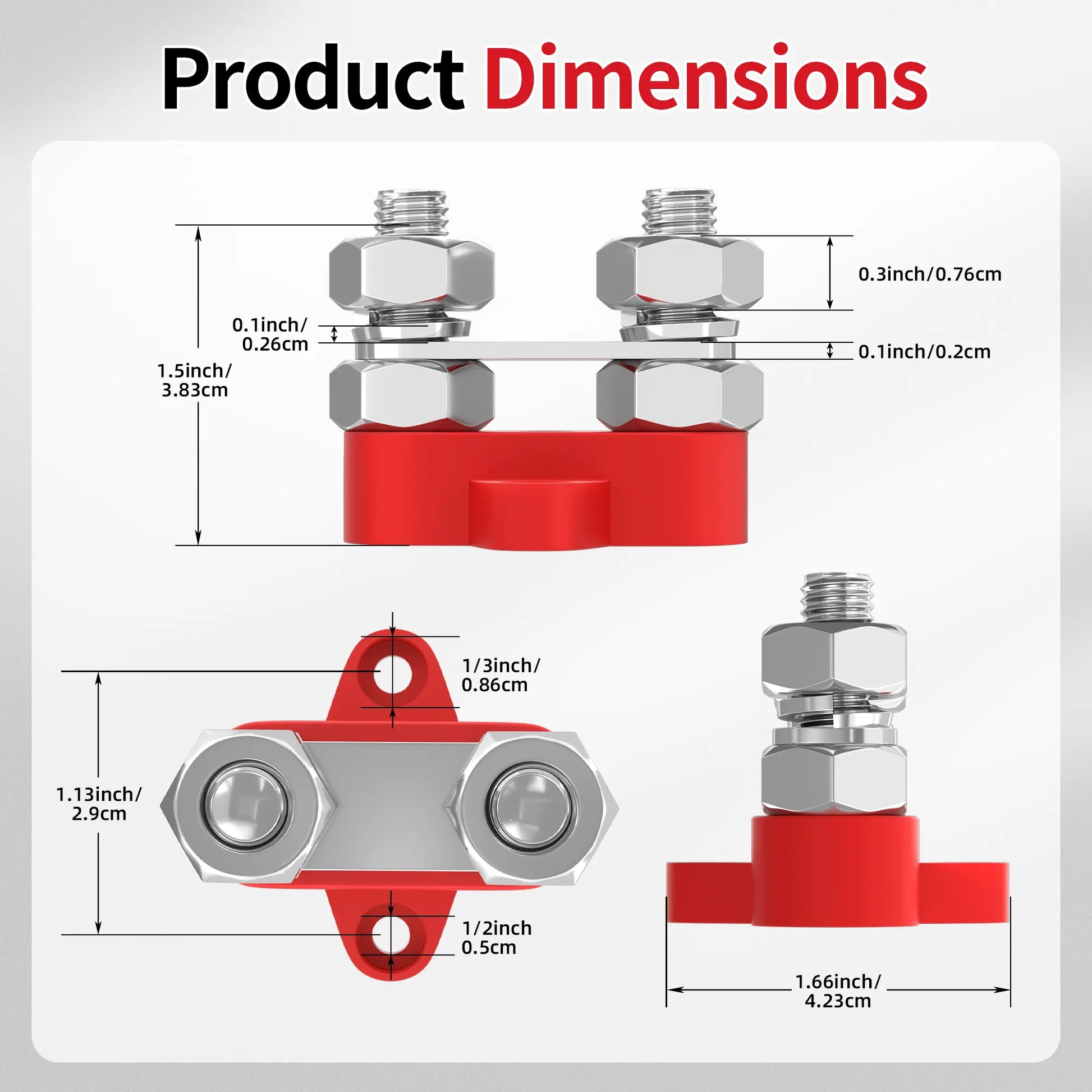 ZeeVolt ZV14400-M10 80A Dual Stud Power Distribution Terminal Block with 2 × M10 stainless steel studs. Designed for marine, automotive, and RV power distribution. Nickel-plated brass plate and flame-retardant nylon base ensure durability and conductivity. Available in Rimal Marine.