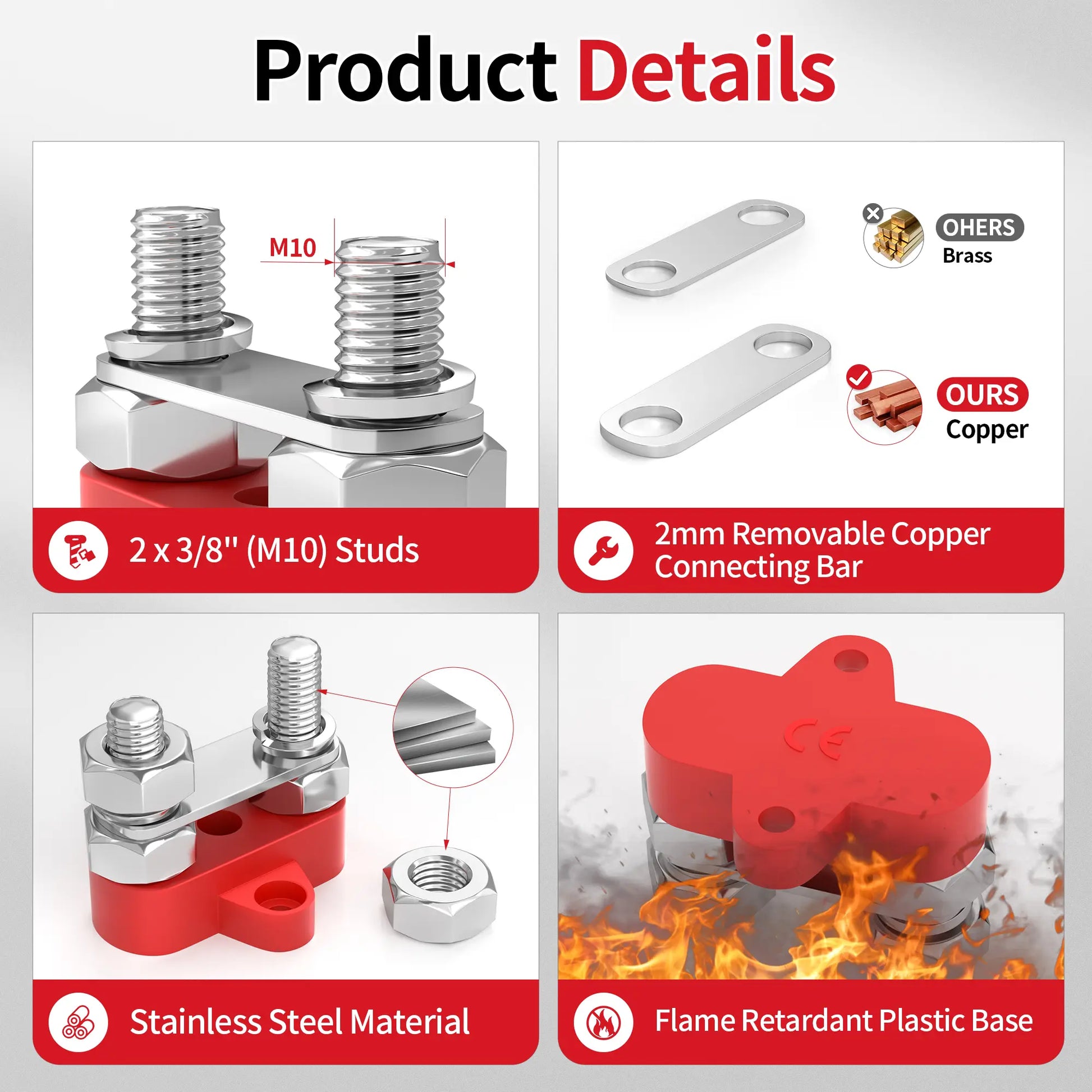 ZeeVolt ZV14400-M10 80A Dual Stud Power Distribution Terminal Block with 2 × M10 stainless steel studs. Designed for marine, automotive, and RV power distribution. Nickel-plated brass plate and flame-retardant nylon base ensure durability and conductivity. Available in Rimal Marine.