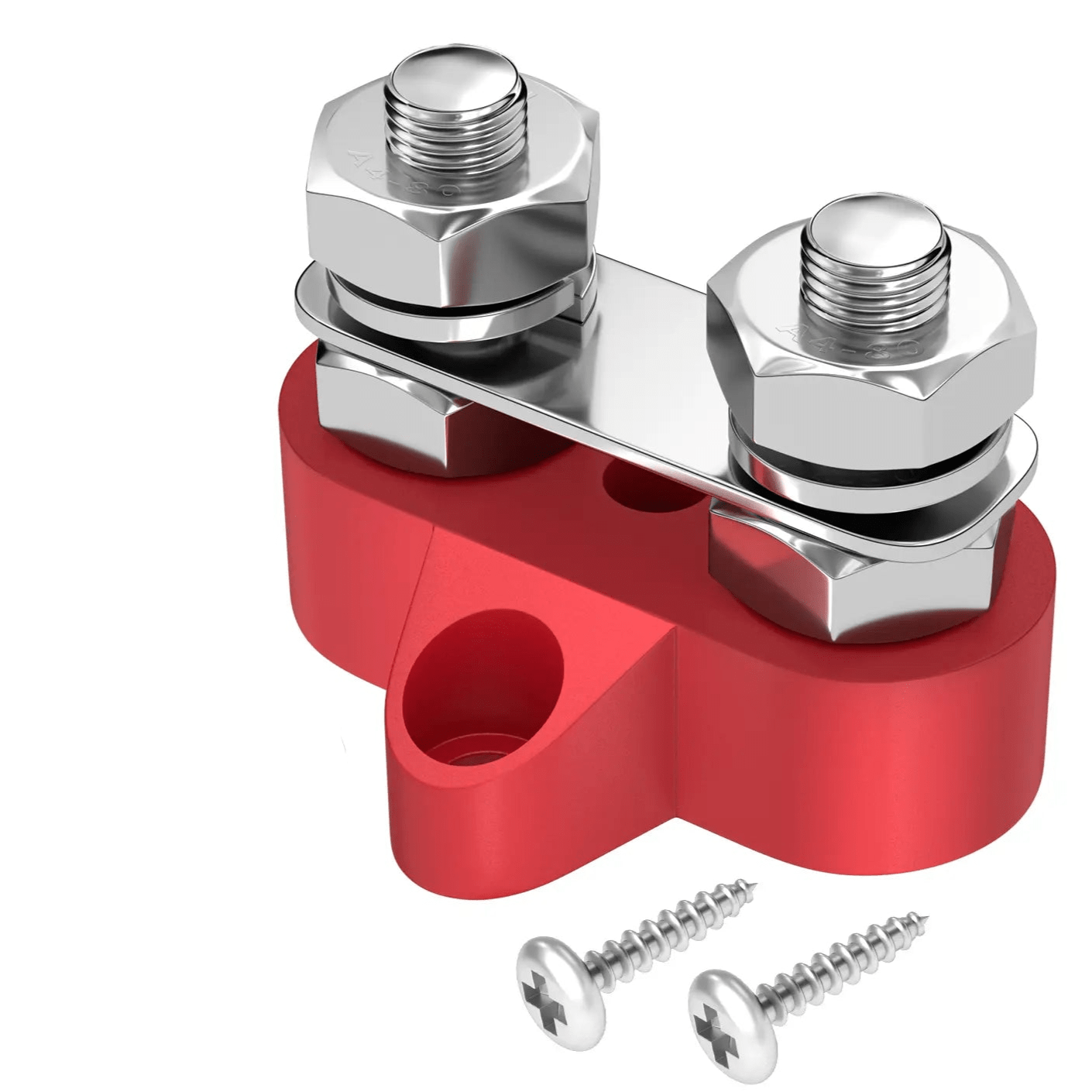 ZeeVolt ZV14400-M10 80A Dual Stud Power Distribution Terminal Block with 2 × M10 stainless steel studs. Designed for marine, automotive, and RV power distribution. Nickel-plated brass plate and flame-retardant nylon base ensure durability and conductivity. Available in Rimal Marine.